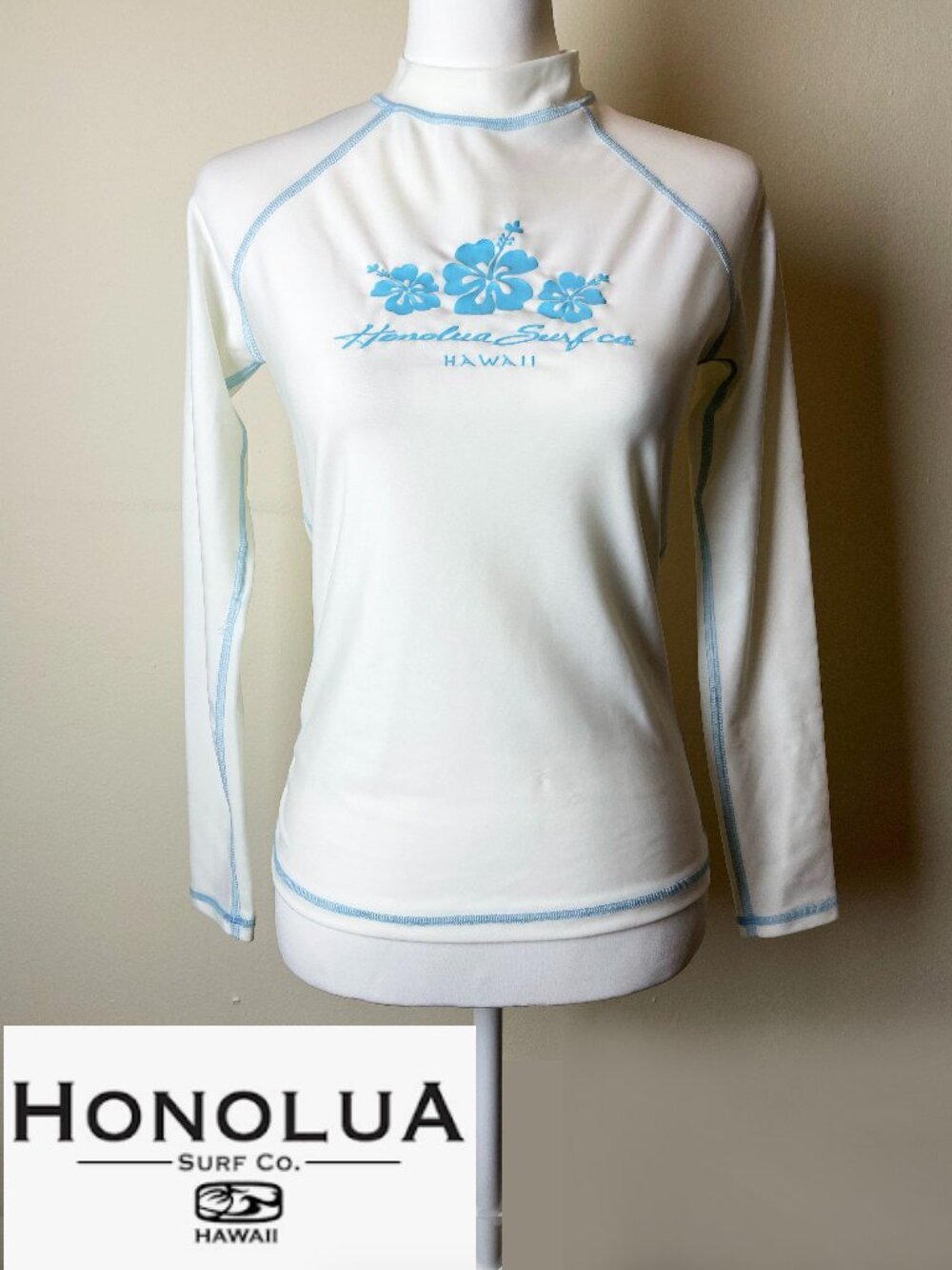 Honolua Surf Co. Vintage Hibiscus Rash Guard Long Sleeve Swim Shirt | White Blue